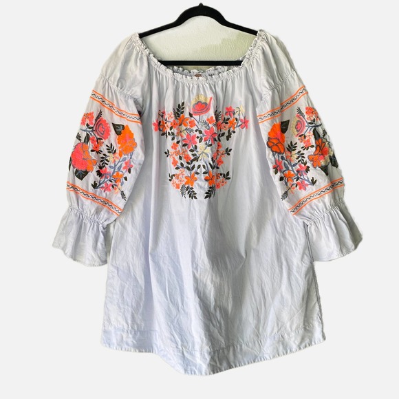 Free People Fleur Du Jour Light Blue Embroidered Mini Dress Long Bubble Sleeve - Picture 2 of 13
